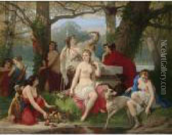Diana Goddess Of The Hunt Surrounded By Her Servants In A Luminous Forest Setting Oil Painting - Louis Devedeux