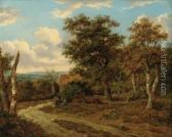 A Wooded Landscape With Travellers At Rest Oil Painting - Patrick, Peter Nasmyth