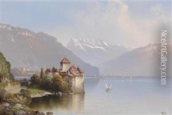 View Ofschloss Chillon On Lake Geneva Oil Painting - Hubert Sattler