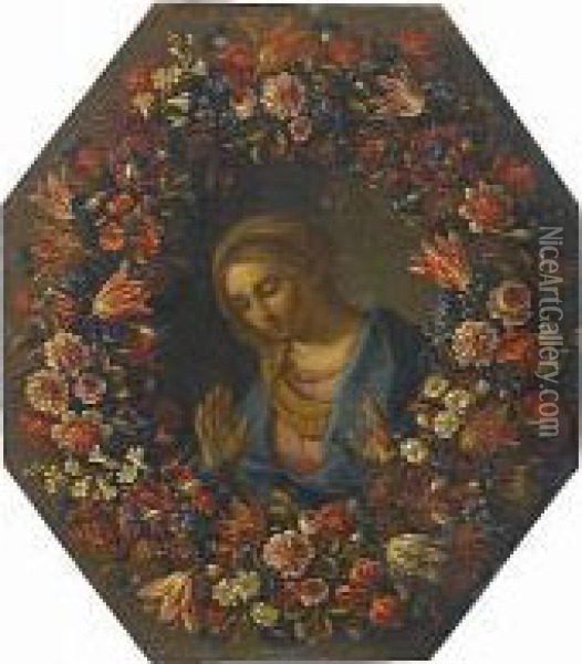 The Annunciation Within A Garland Of Flowers Oil Painting - Pier Francesco Cittadini Il Milanese