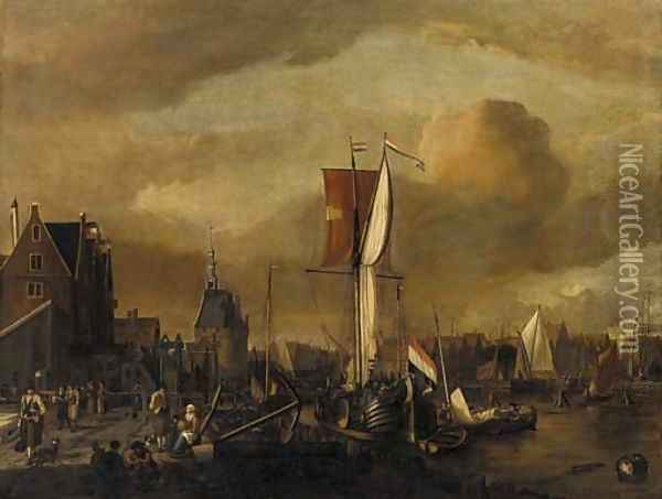 The harbour of Hoorn, with a moored Dutch galjoot and peasants on the quay Oil Painting - Gerrit Adriaensz Berckheyde