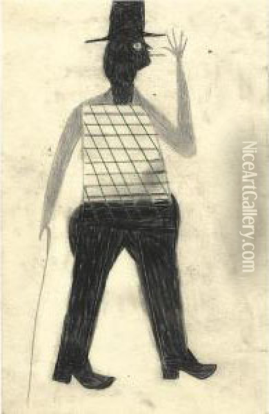 Man With Checked Shirt And Cane Oil Painting - Bill Traylor