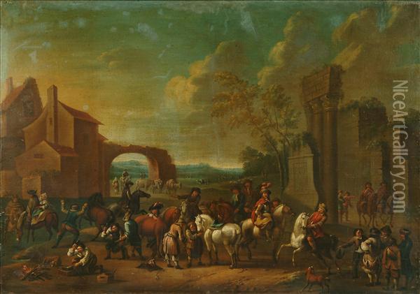 Landscape With Figures And Horses Before Ruins Oil Painting - Jan Wouwerman