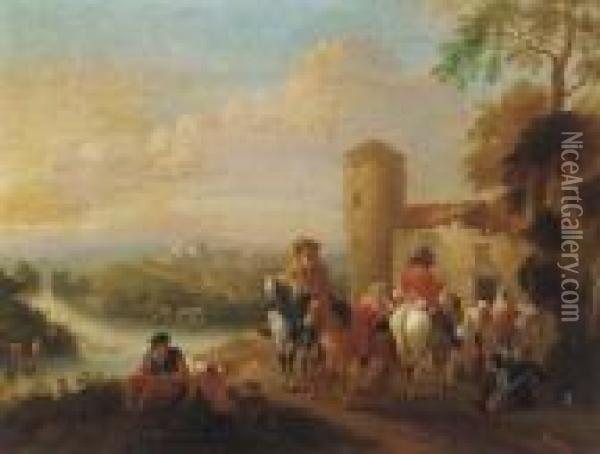 Mounted Travellers At Halt By An Inn, A River And Town Beyond Oil Painting - Pieter Wouwermans or Wouwerman