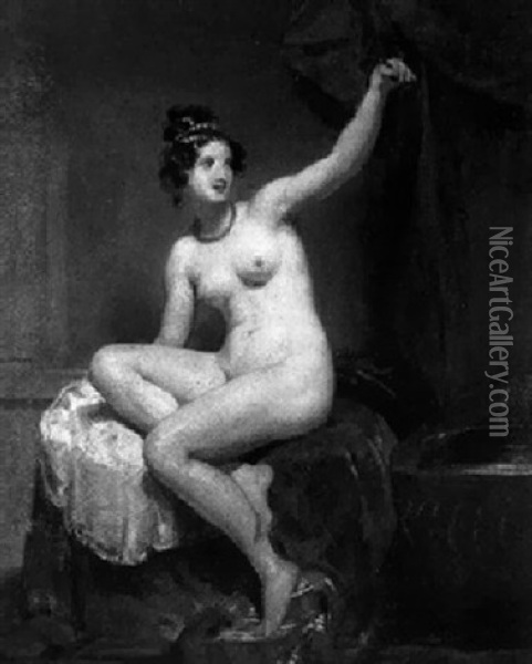 A Female Nude Seated In An Interior Oil Painting - William Etty