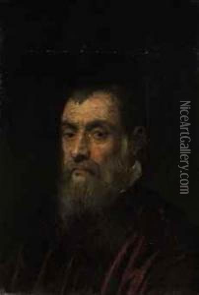Portrait Of A Bearded Man, Bust-length, In A Red Gown Oil Painting - Jacopo Robusti, II Tintoretto