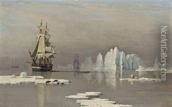 The Northern Whale Fishery: The Hull Whaling Ships Isabella And Swan In Baffin Bay With Seals And Polar Bears On Ice Floes Before Them Oil Painting - John Ward Of Hull