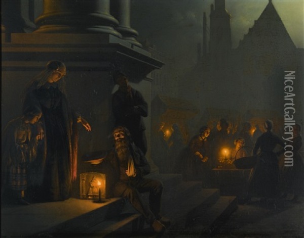 Charity In The Night Market Oil Painting - Petrus van Schendel