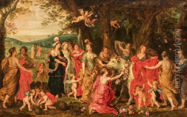 Europe's Maids Of Honour Crowning Jupiter With Flowers Oil Painting - Hendrick van Balen