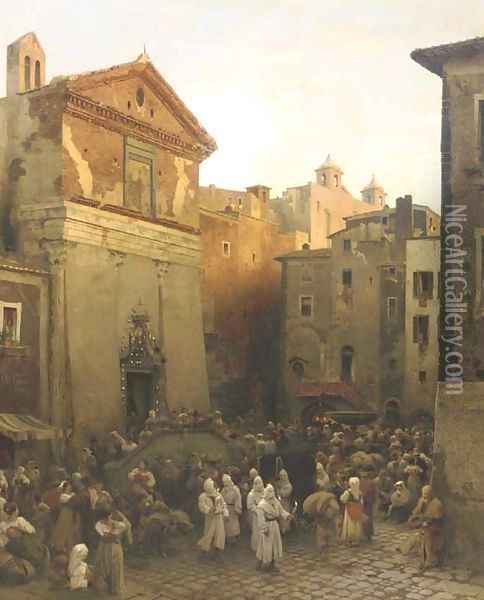A procession in Palestrina, Italy Oil Painting - Oswald Achenbach