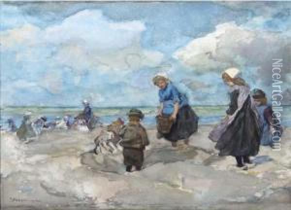 Young Shell Seekers On The Beach Oil Painting - Johannes Evert Akkeringa