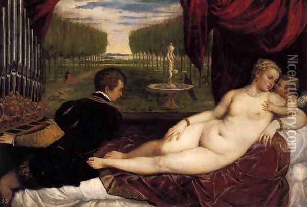 Venus with Organist and Cupid Oil Painting - Tiziano Vecellio (Titian)