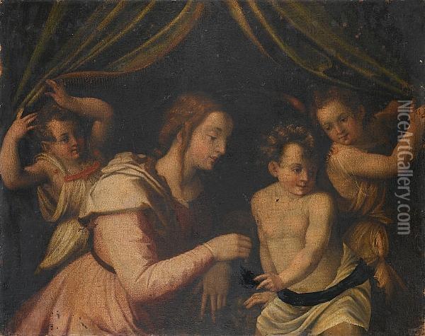 Saint Elizabeth With The Infant 
Saint John The Baptist Before A Curtain Drawn Aside By Angels - A 
Fragment Oil Painting - Justus Sustermans