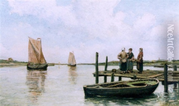 Vissersvrouwen Op Een Pier Oil Painting - Eugene van Mieghem