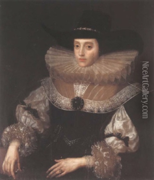 Portrait Of A Lady Wearing A Black Dress With White Lace Ruff And A Black Hat, Wearing Pearl Bracelets Oil Painting - Marcus Gerards the Younger