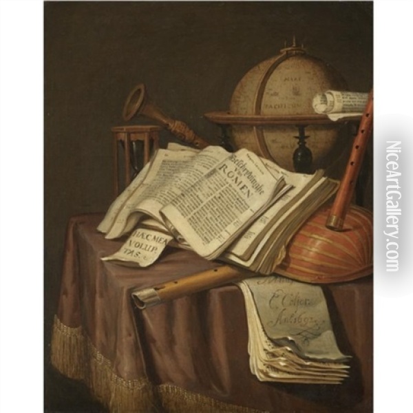 A Vanitas Still Life With A Globe, An Hour-glass, A Book And A Score, Together With Various Other Musical Instruments Oil Painting - Edward Collier