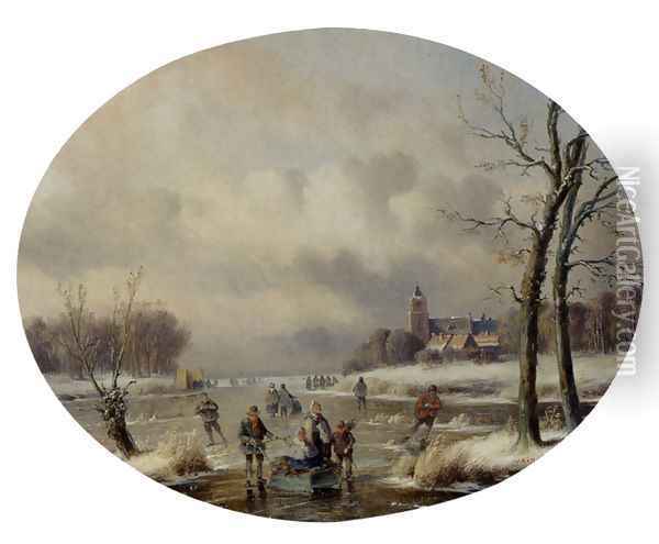 Skaters On A Frozen Waterway, A 'Koek En Zopie' In The Distance Oil Painting - Carl Eduard Ahrendts