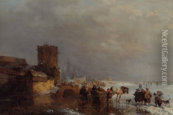 A Frozen Waterway With Skaters And A Horse-drawn Sledge By A Koek En Zopie Stand Oil Painting - Carl Hilgers