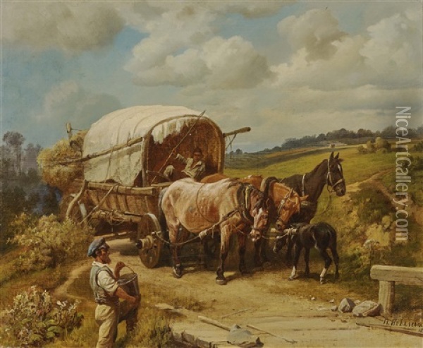Horse And Cart At The Roadside Oil Painting - Pavel Osipovich Kovalevsky