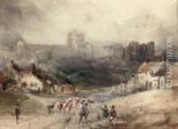 Droving Cattle Below Richmond Castle, Yorkshire Oil Painting - Henry Barlow Carter