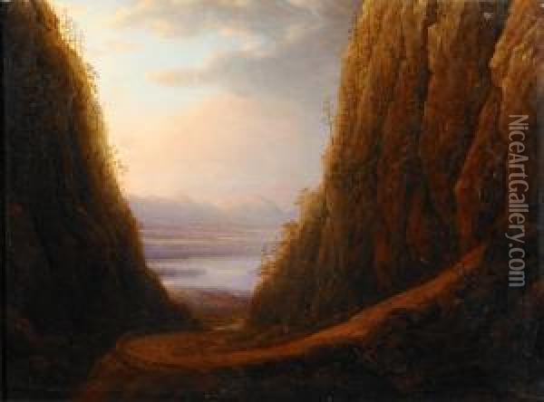 Romantiskt Landskap I Morgonrodnad Oil Painting - Carl Johan Fahlcrantz