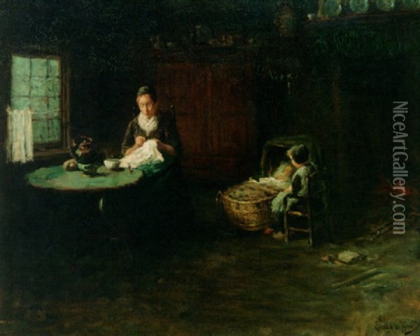 A Family In A Laren Interior Oil Painting - Bernard de Hoog