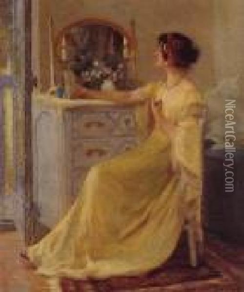 Bessie Potter Vonnoh At Her Dressing Table Oil Painting - Robert William Vonnoh
