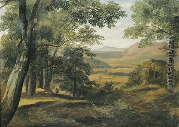 Italienische Landschaft Mit Bauerin In Einem Wald Oil Painting - Bernhard Fries