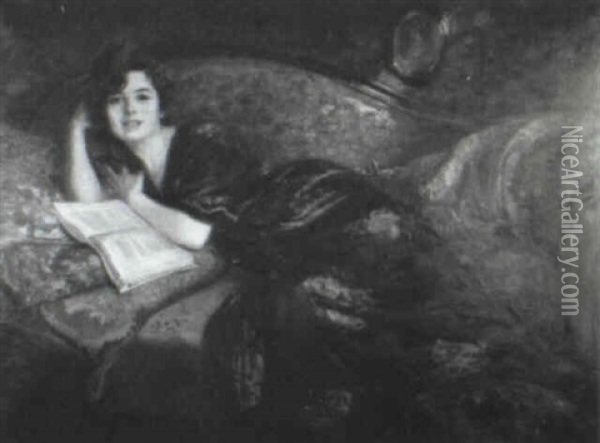Portrait Of A Lady Reclining On Sofa Reading A Book Oil Painting - Richard Geiger