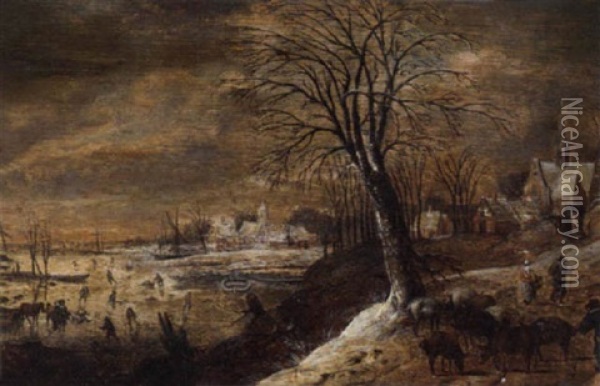 A Winter Landscape With Herders And Other Figures, Skaters On A Frozen River Beyond Oil Painting - Denis van Alsloot