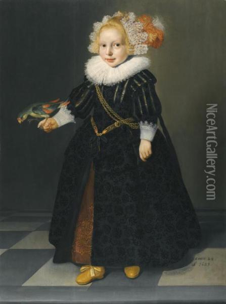 Portrait Of A Child, Aged 2Â¼, Full-length Standing In An Interior, Holding A Parrot Oil Painting - Dirck Verhaert