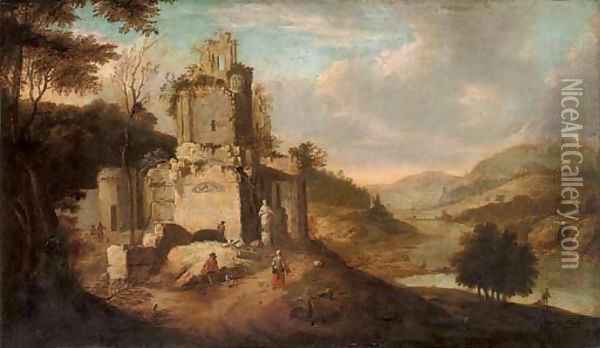 An Italianate landscape with figures by ruins Oil Painting - Franz Ferg
