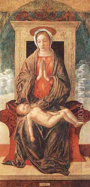 Madonna Enthroned Adoring the Sleeping Child 1475 Oil Painting - Giovanni Bellini