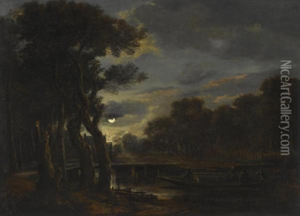 A Wooded River Landscape By Moonlight, With Figures On A Boat, A Village Beyond Oil Painting - Aert van der Neer