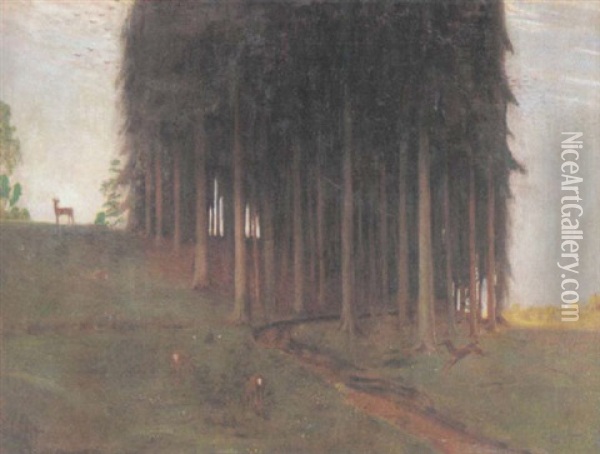 Wald Mit Rehen Und Einem Bach Oil Painting - Oskar Zwintscher
