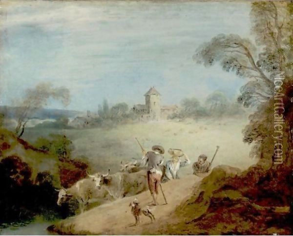A Pastoral Landscape With A Shepherd And Sheperdess Oil Painting - Jean-Baptiste Joseph Pater