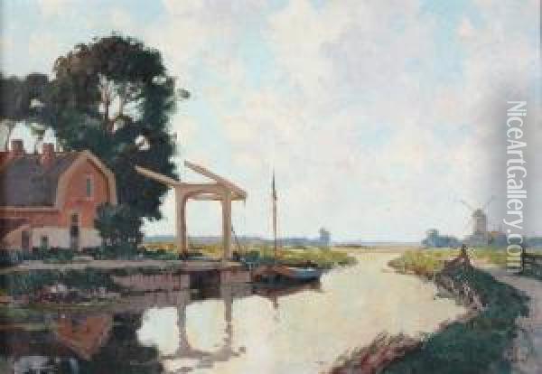 Canal, At The Lefta Farmhouse And A Drawbridge, A Windmill At The Horizon Oil Painting - Gerardus Johannes Delfgaauw