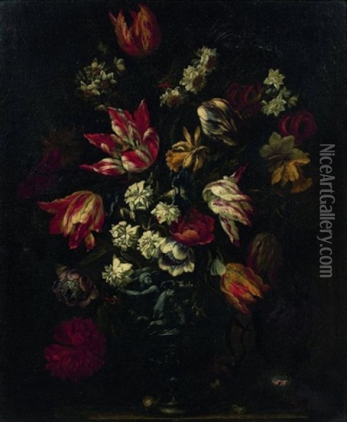 Bouquet De Fleurs Dans Un Vase Richement Sculpte Oil Painting - Francesco Mantovano