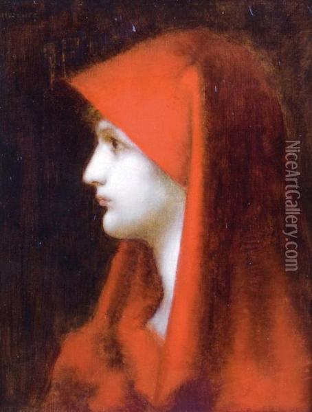 Femme Au Voile Rouge Oil Painting - Jean-Jacques Henner