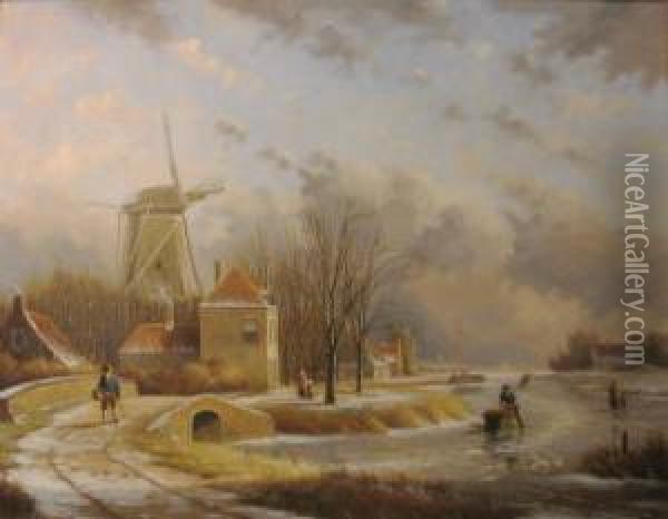 Winter Landscape With Figures Oil Painting - Anthonie Jacobus Van Wyngaerts