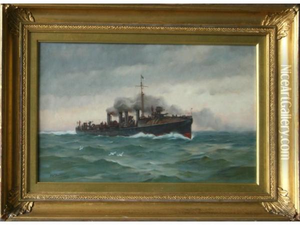 A Gunboat Under Full Steam Oil Painting - Frederick W. Baker