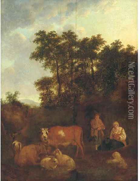 A pastoral landscape with a shepherd at rest with cattle and sheep Oil Painting - Adriaen Van De Velde