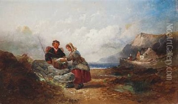 Welsh Coastal Scene With A Fisherman And His Wife Oil Painting - Joseph Horlor