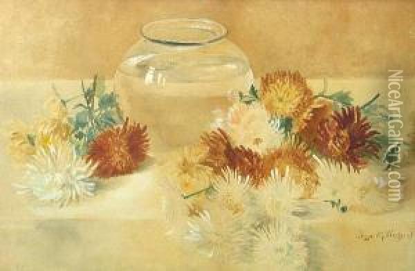 Still Life With Cup Flowers Surrounding A Vase Oil Painting - Jessie M. Washburn