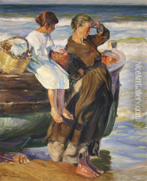 Mujer Y Nina En La Playa De Cullera Oil Painting - Jose Mongrell Torrent