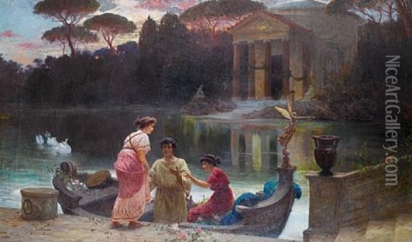 Evening At The Temple Oil Painting - Ettore Forti
