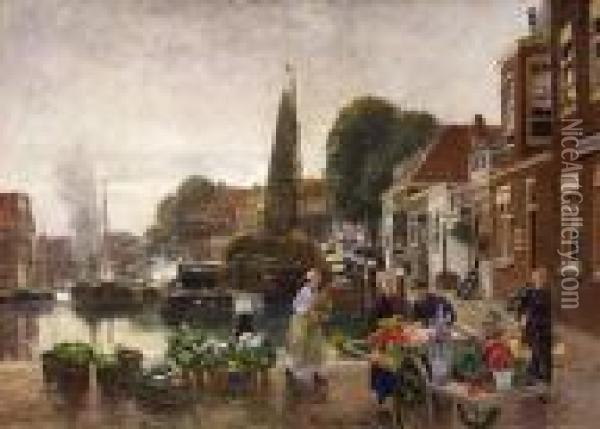 Flower Market By The Harbour Of Dordrecht Oil Painting - Heinrich Hermanns