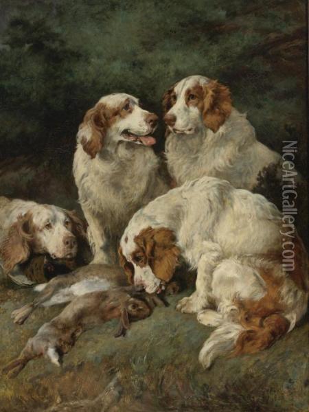 Clumber Spaniels With The Day's Bag Oil Painting - John Emms