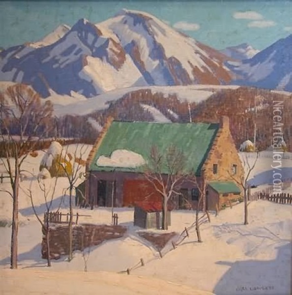 Mountainside Winter Scene With Snowy Hills And Barn Oil Painting - Carl Lawless