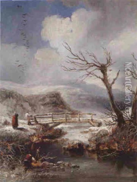 Figures In A Winter Landscape Oil Painting - John Wilson Carmichael